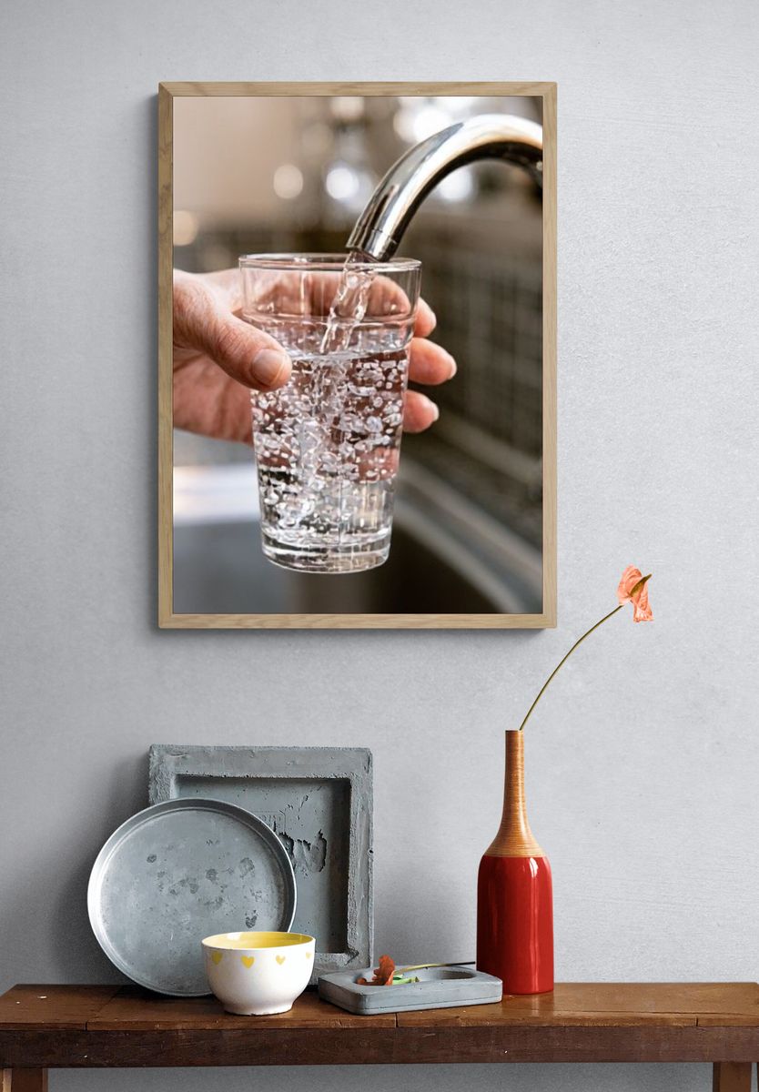 Filling Glass at Sink Photography Poster. — room view 3