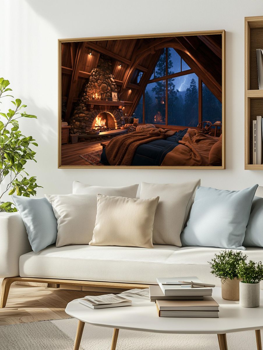 Cozy Cabin Fireplace — Photography Print. — room view 2