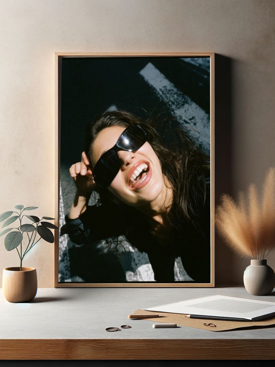 Smiling Woman in Sunglasses Photography Poster. — room view 2