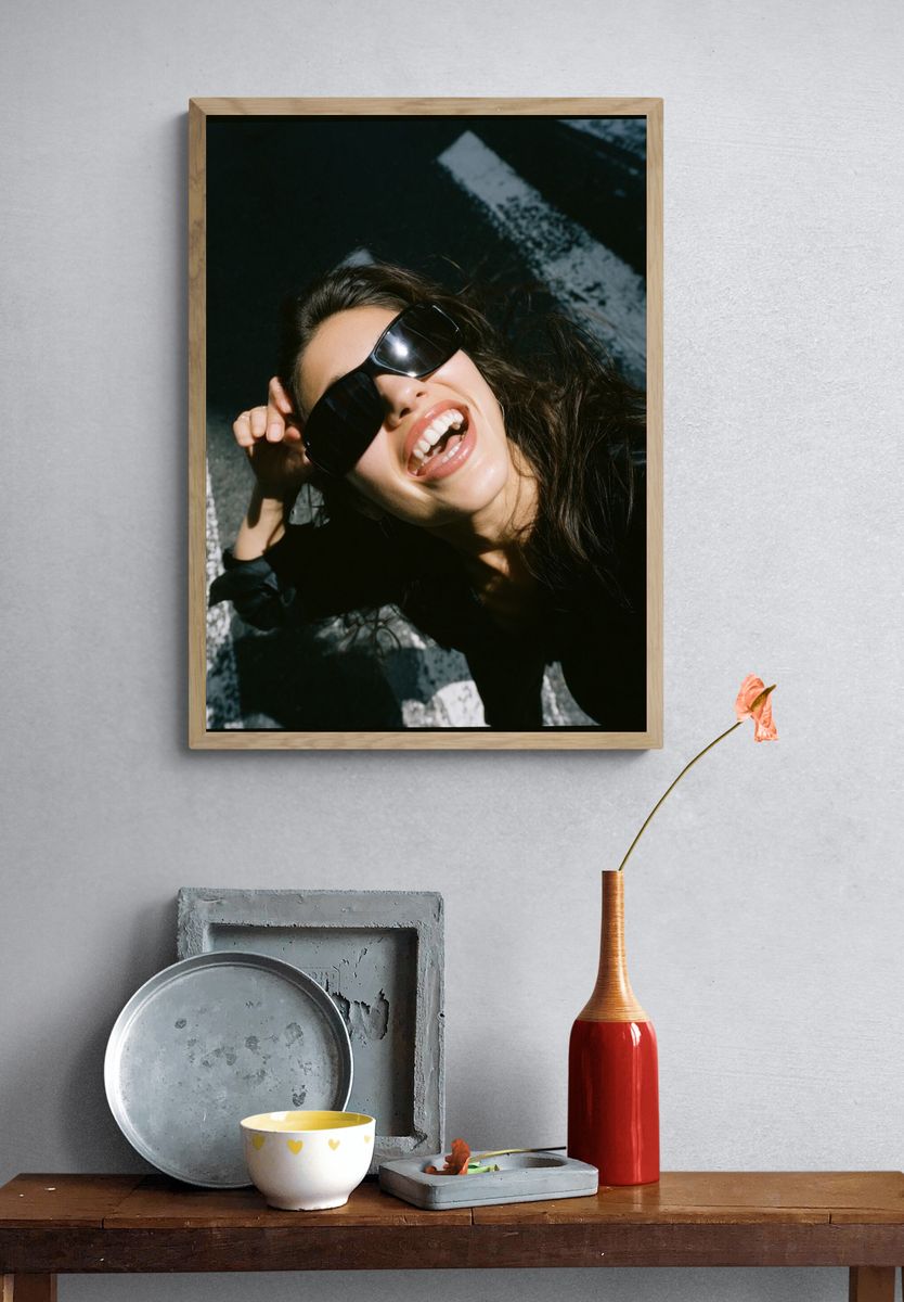 Smiling Woman in Sunglasses Photography Poster. — room view 3
