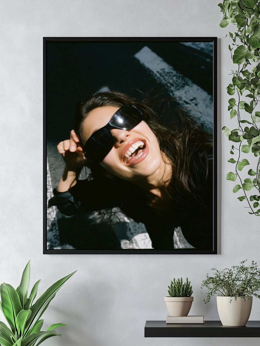 Smiling Woman in Sunglasses Photography Poster. — room view 4