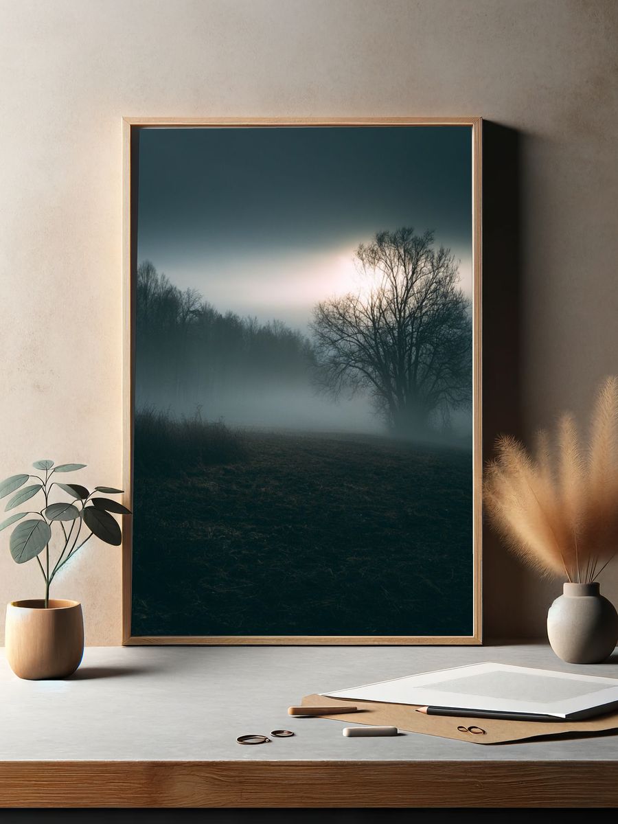 Misty Tree at Dawn Photography Poster. — room view 2