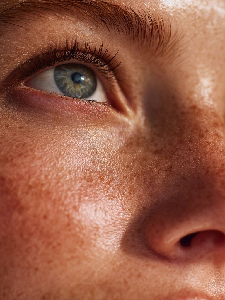 Freckled Face Close-Up Photography Poster. poster detail