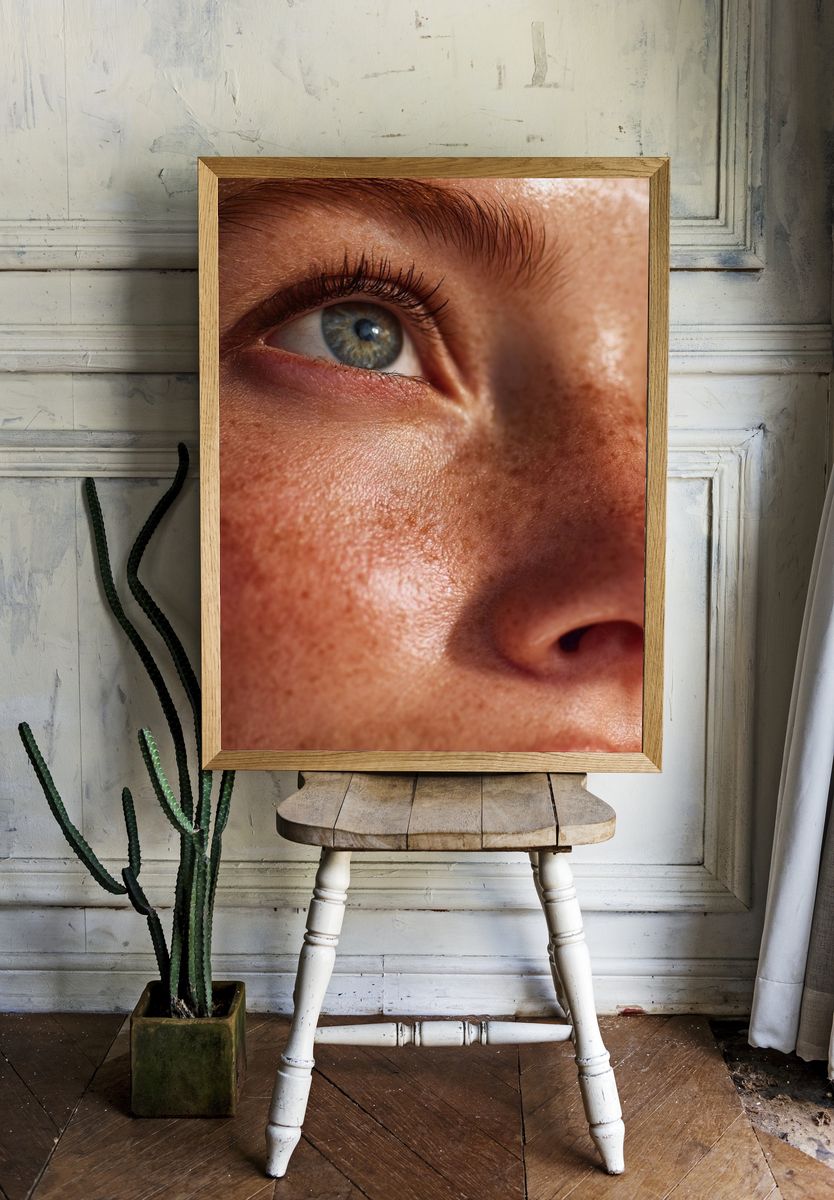 Freckled Face Close-Up Photography Poster. room preview