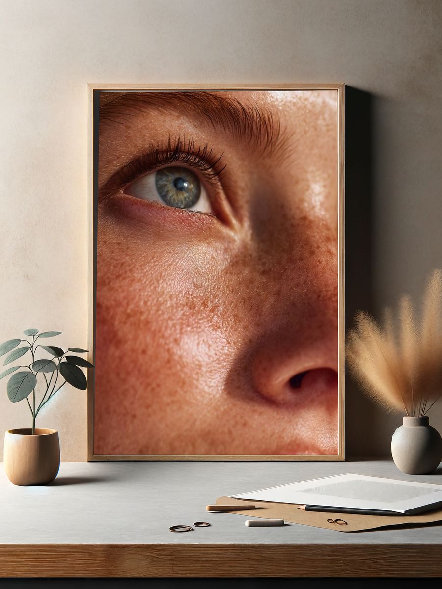 Freckled Face Close-Up Photography Poster. — room view 2