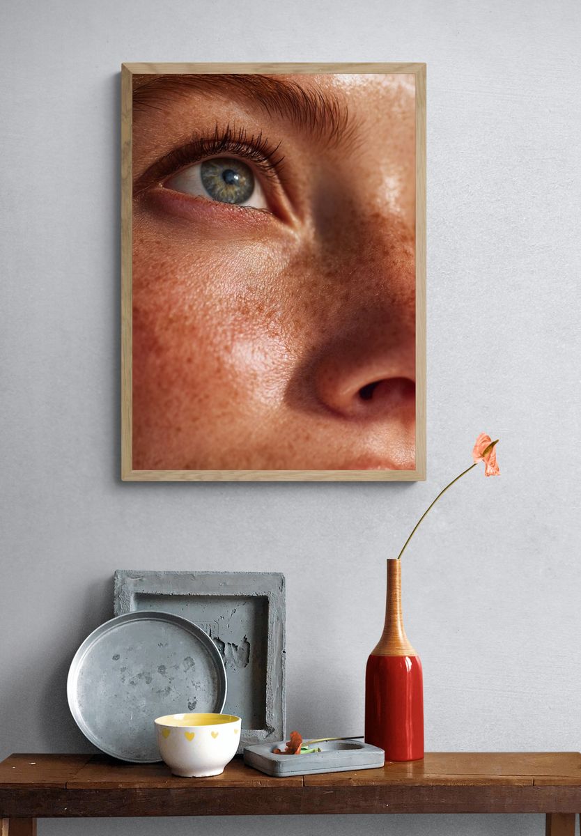 Freckled Face Close-Up Photography Poster. — room view 3