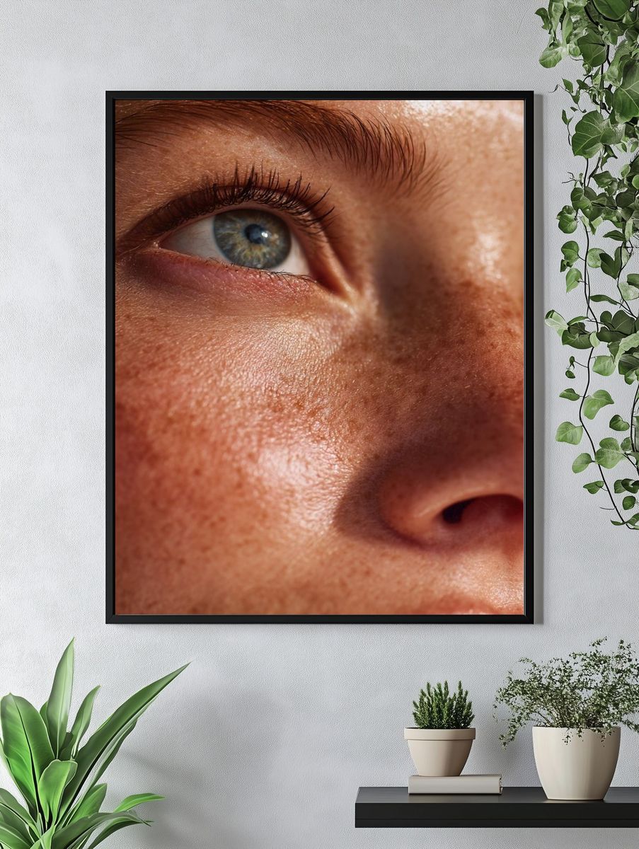 Freckled Face Close-Up Photography Poster. — room view 4