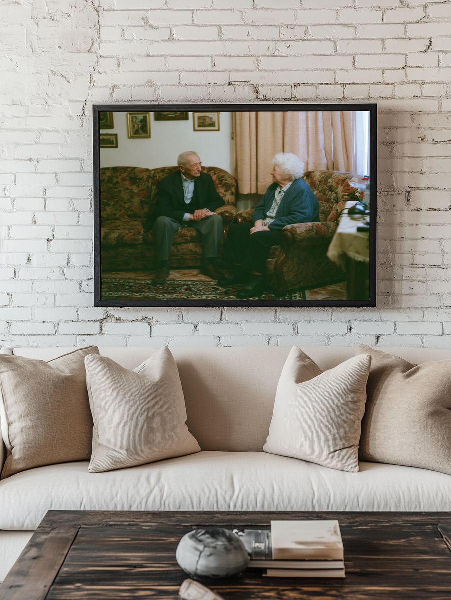 Elderly Couple in Living Room Photography Poster. — room view 1