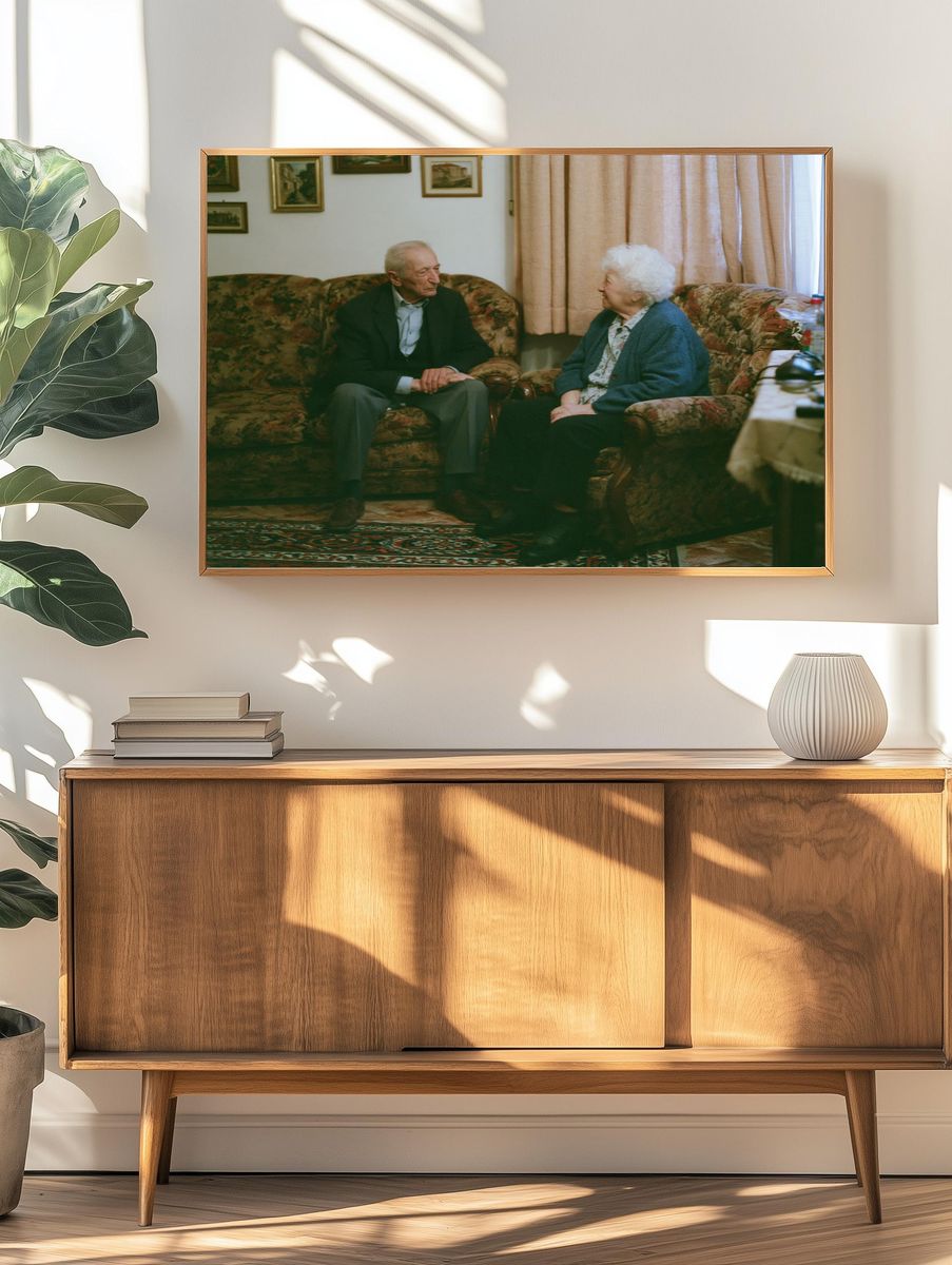 Elderly Couple in Living Room Photography Poster. — room view 3