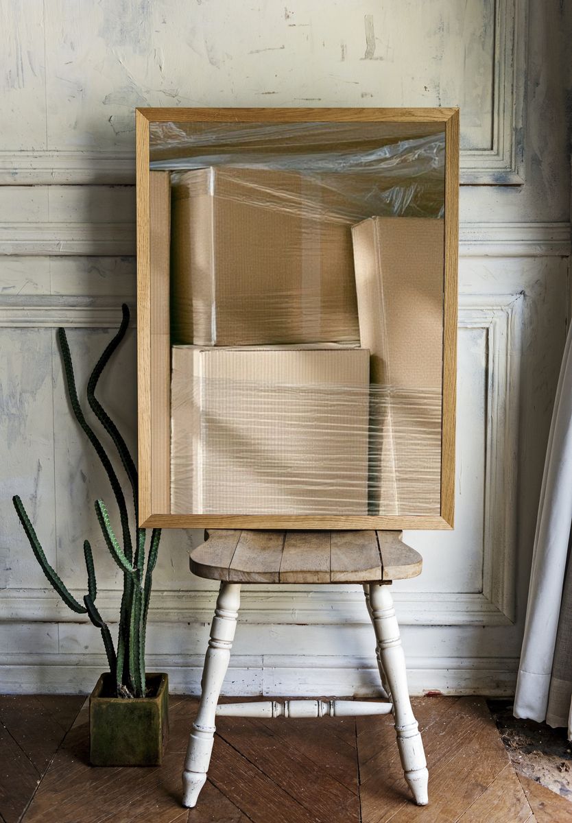 Stacked Cardboard Boxes Photography Print. room preview