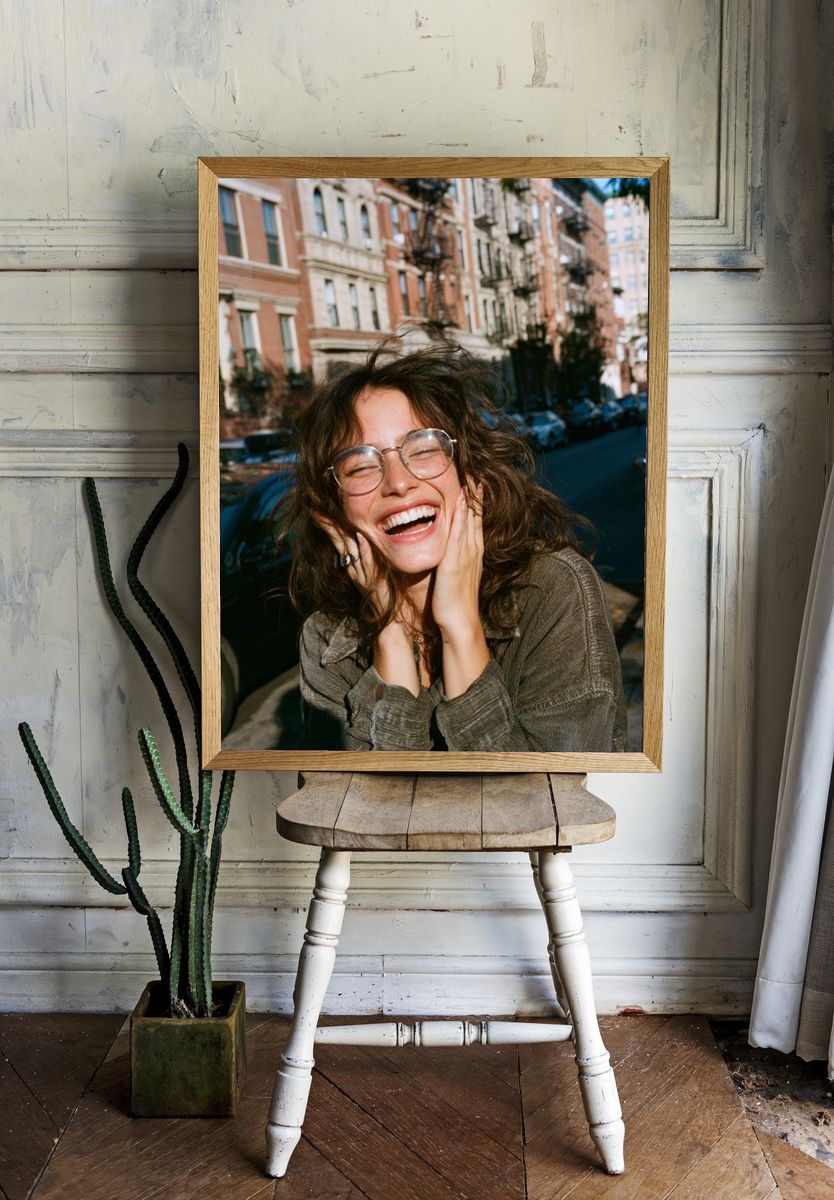 Smiling Woman in City Street Poster. room preview