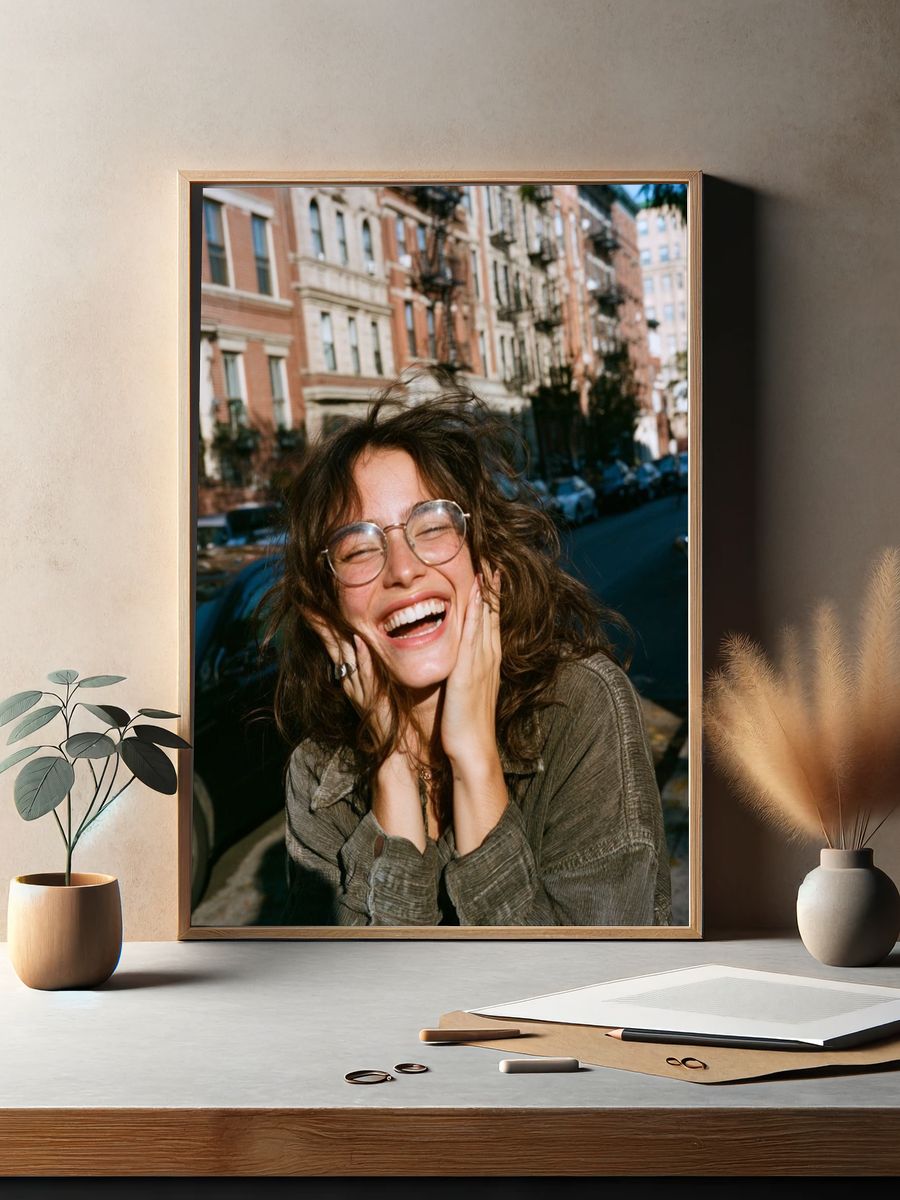Smiling Woman in City Street Poster. — room view 2