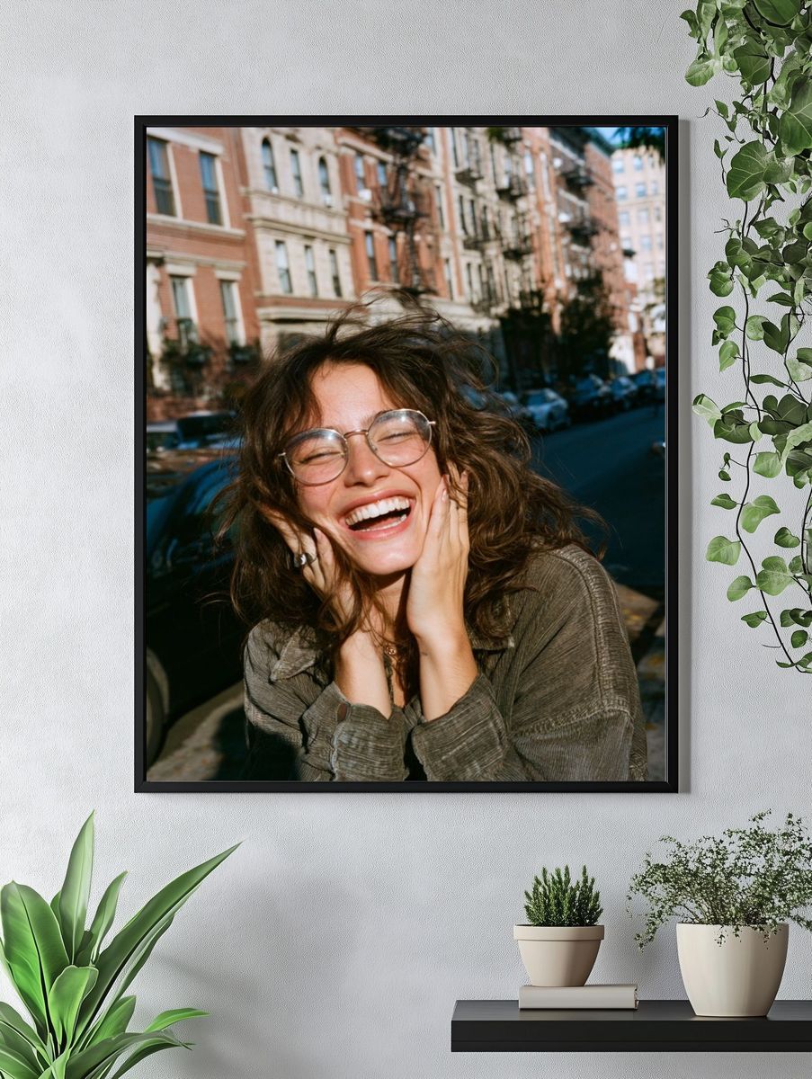 Smiling Woman in City Street Poster. — room view 4