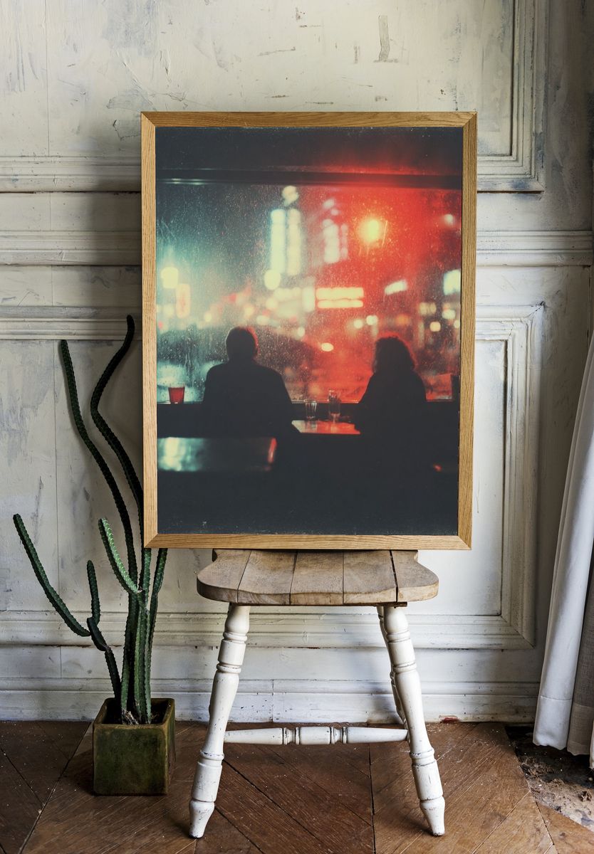 Rainy Neon Cafe Photography Poster. — room view 1