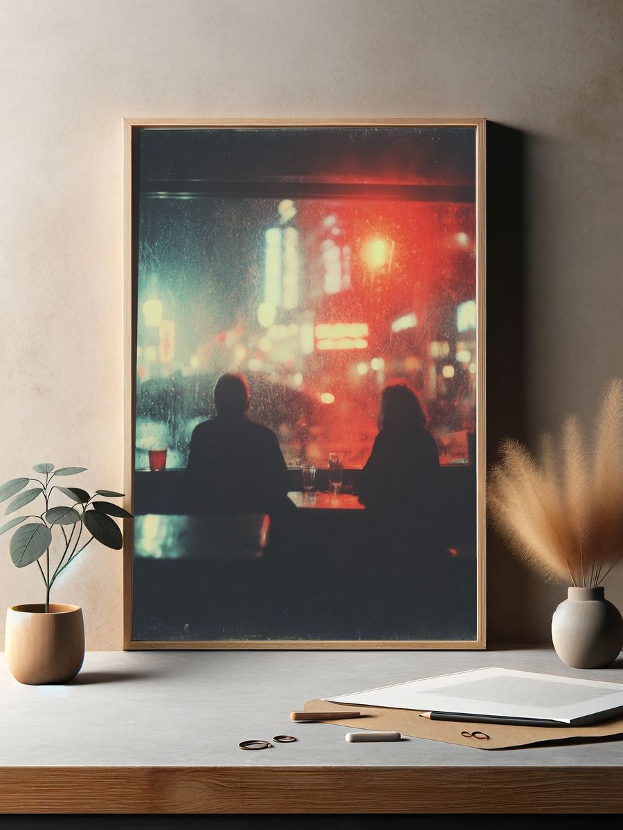 Rainy Neon Cafe Photography Poster. — room view 2