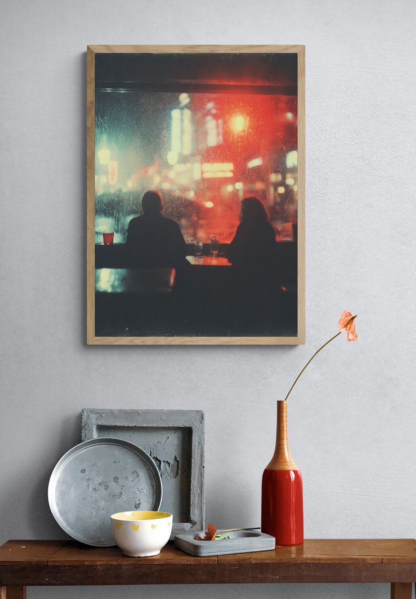 Rainy Neon Cafe Photography Poster. — room view 3