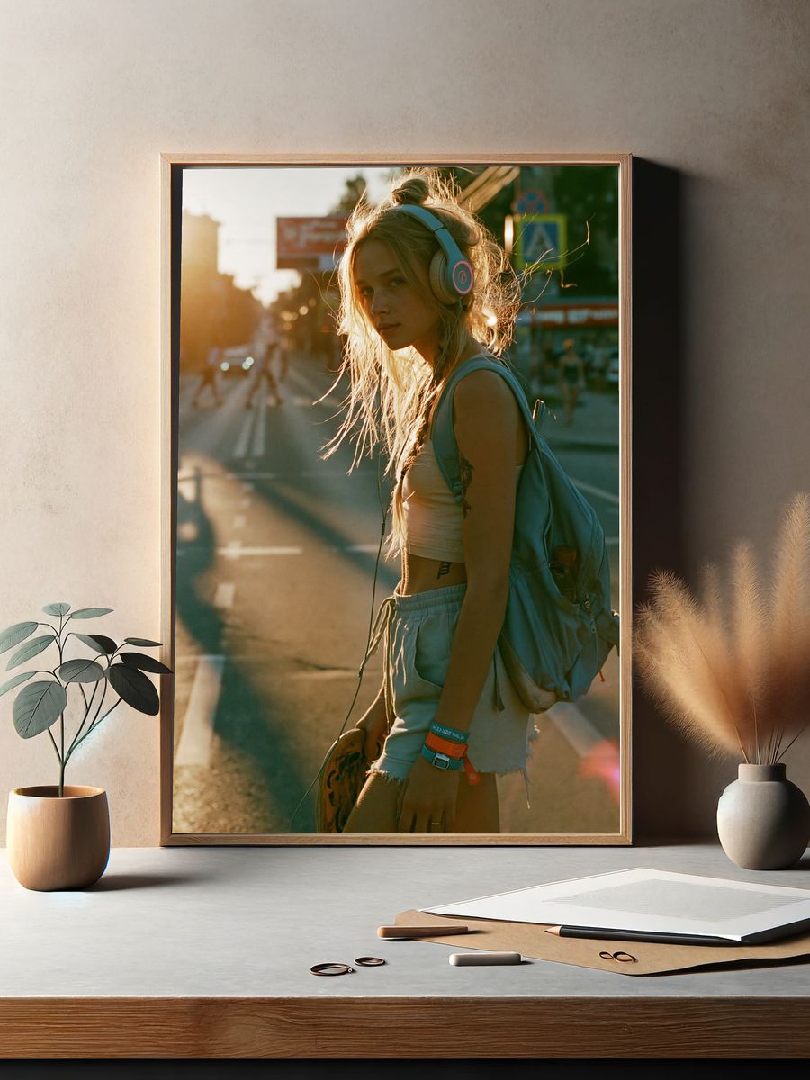 Sunlit Skateboard Girl Photography Poster. — room view 2