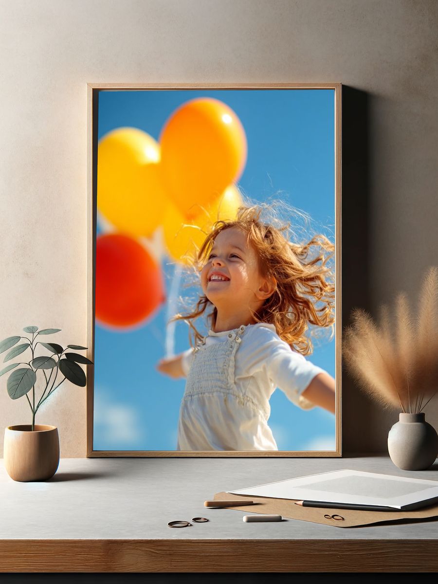 Joyful Child with Balloons Photography Poster. — room view 2