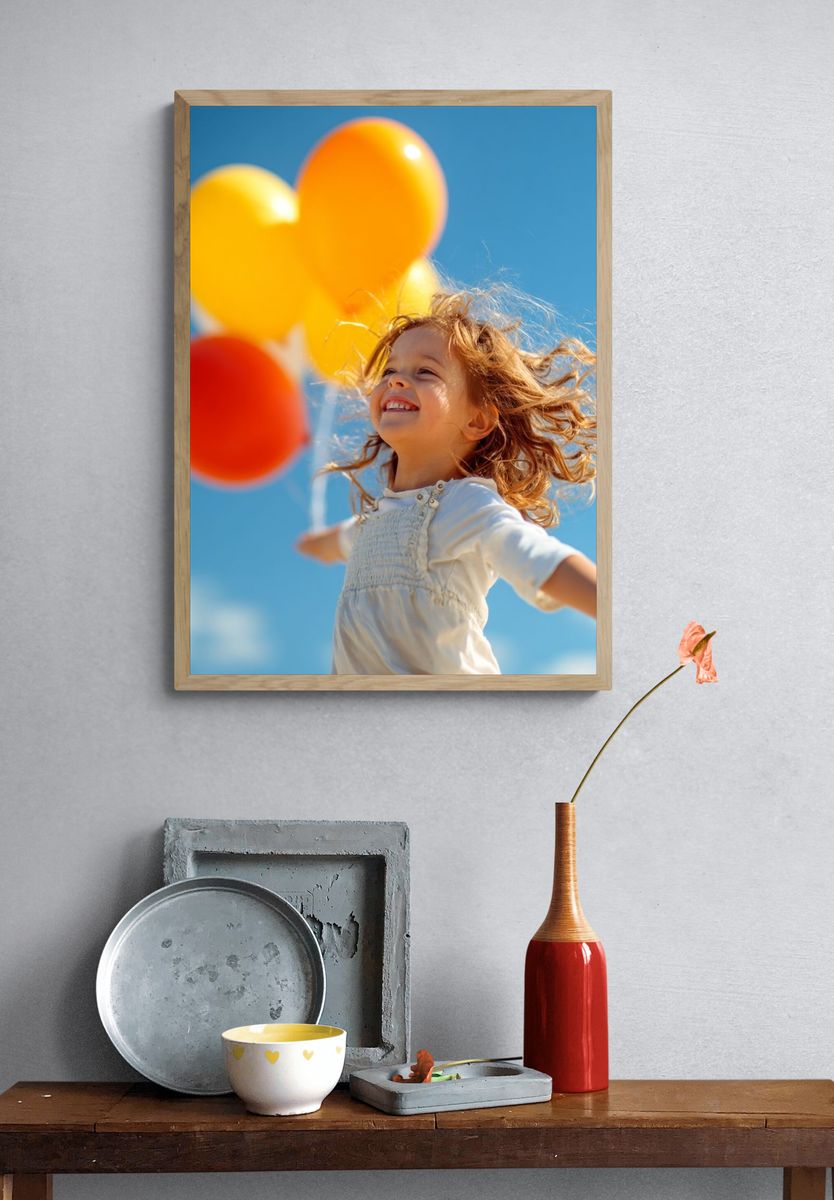 Joyful Child with Balloons Photography Poster. — room view 3