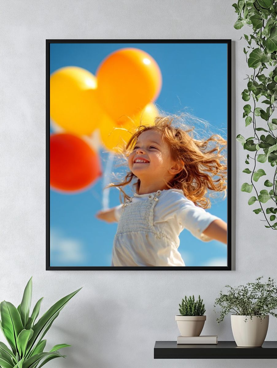 Joyful Child with Balloons Photography Poster. — room view 4