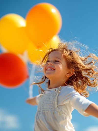 Joyful Child with Balloons Photography Poster. poster