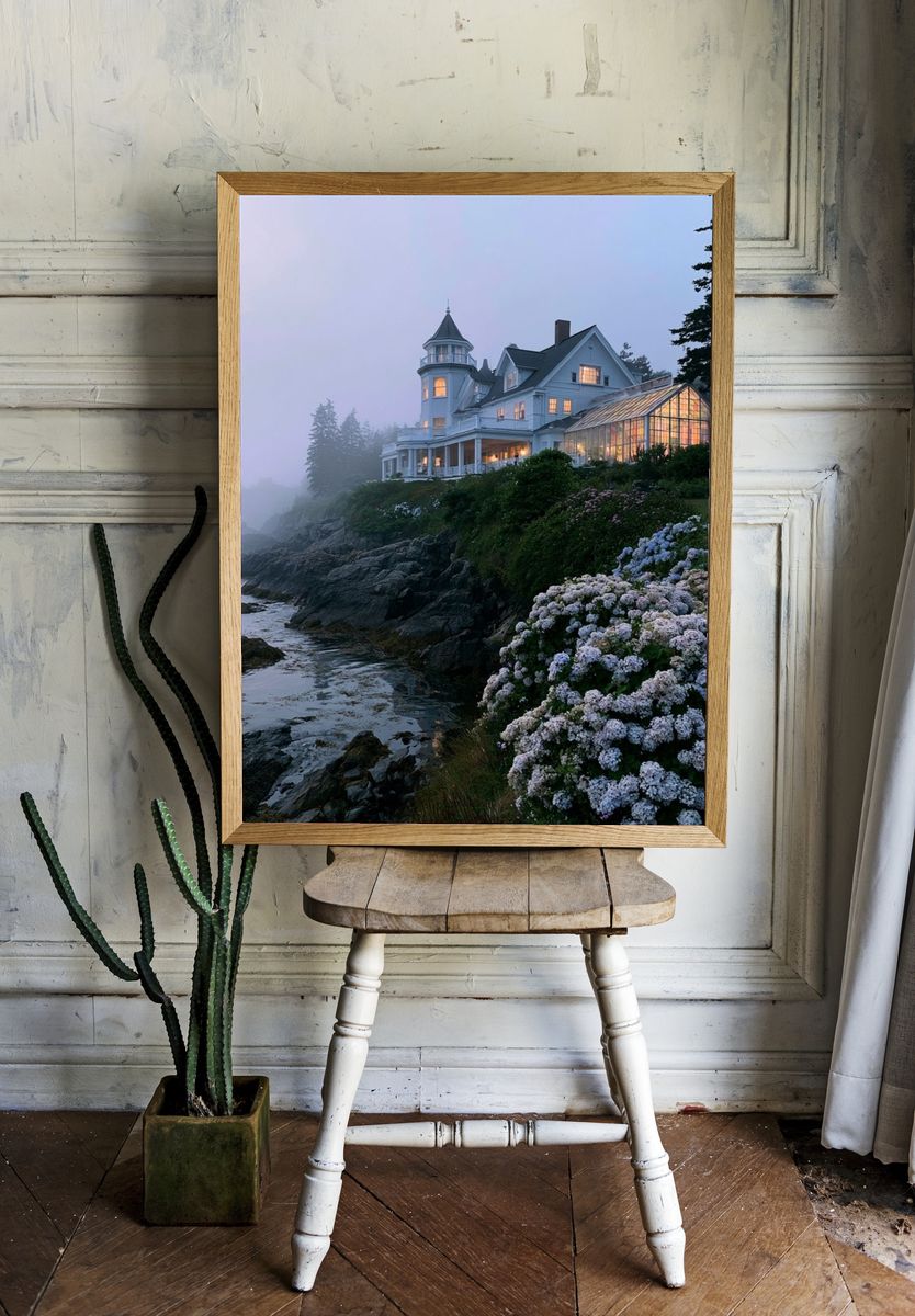 Misty Coastal House Photography Poster. room preview