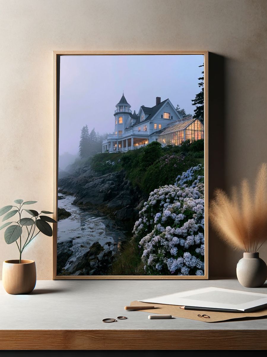 Misty Coastal House Photography Poster. — room view 2