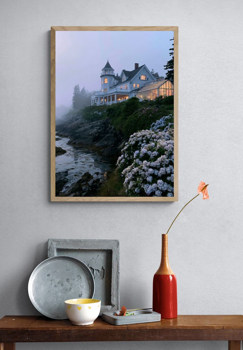 Misty Coastal House Photography Poster. — room view 3