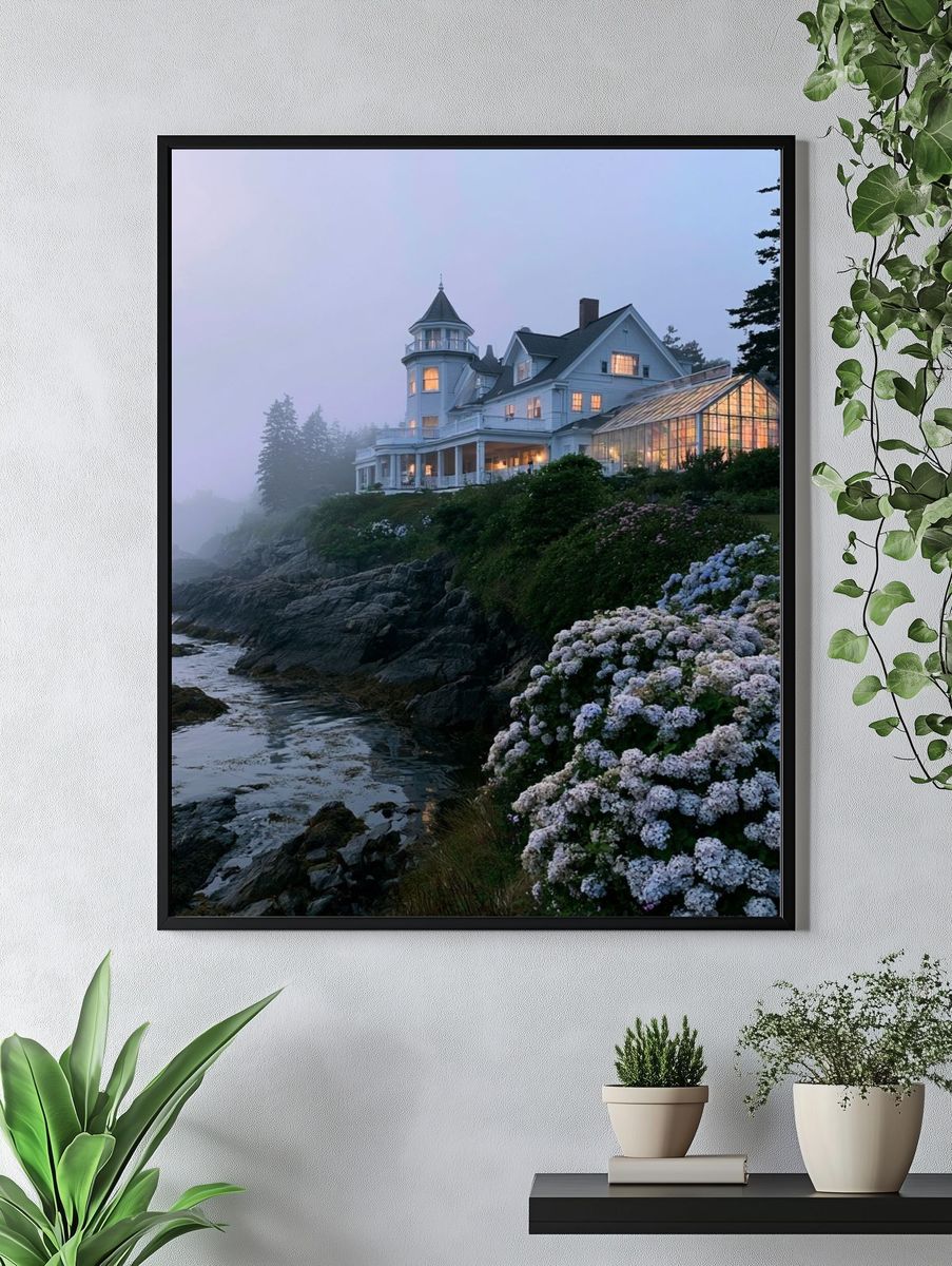 Misty Coastal House Photography Poster. — room view 4