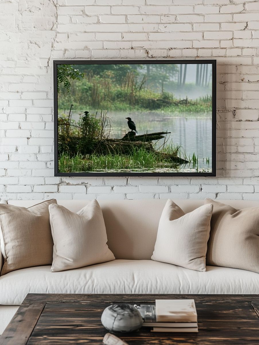 Misty Lakeside Bird Photography Poster. — room view 1