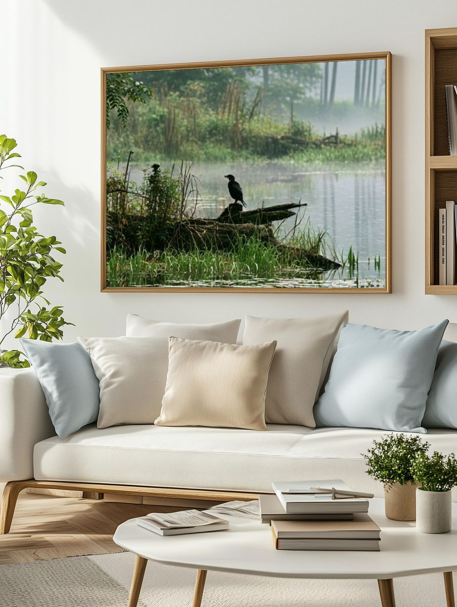 Misty Lakeside Bird Photography Poster. — room view 2