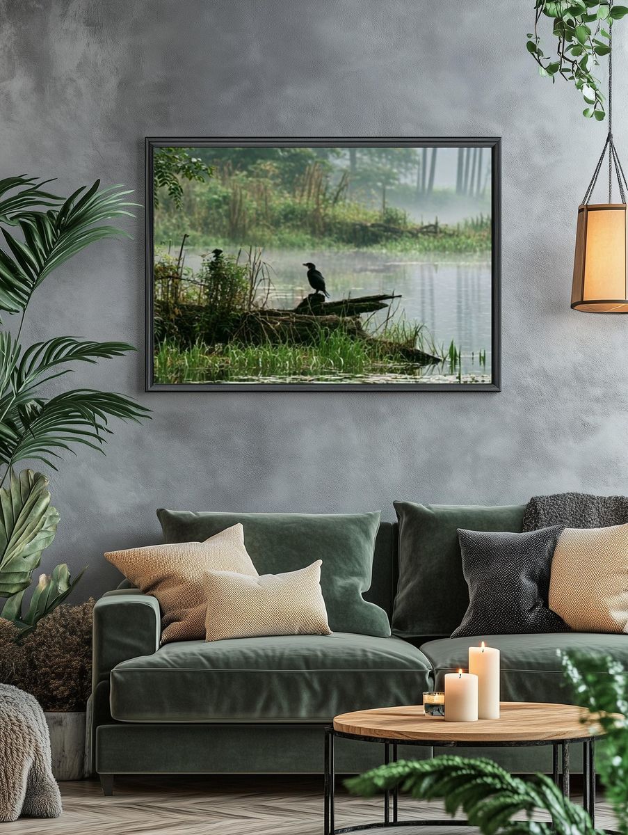 Misty Lakeside Bird Photography Poster. — room view 4
