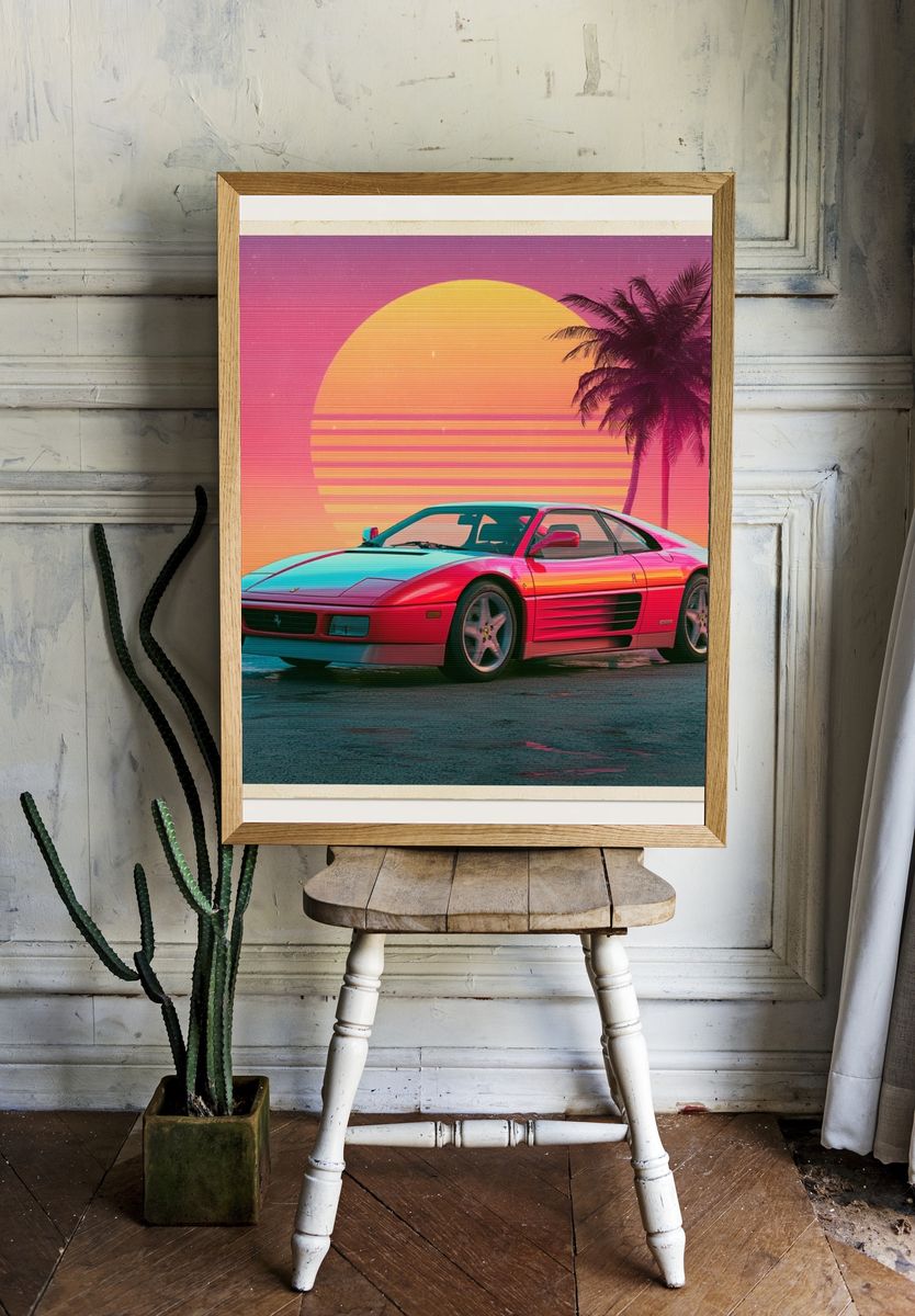 Neon Ferrari Sunset Poster. room preview