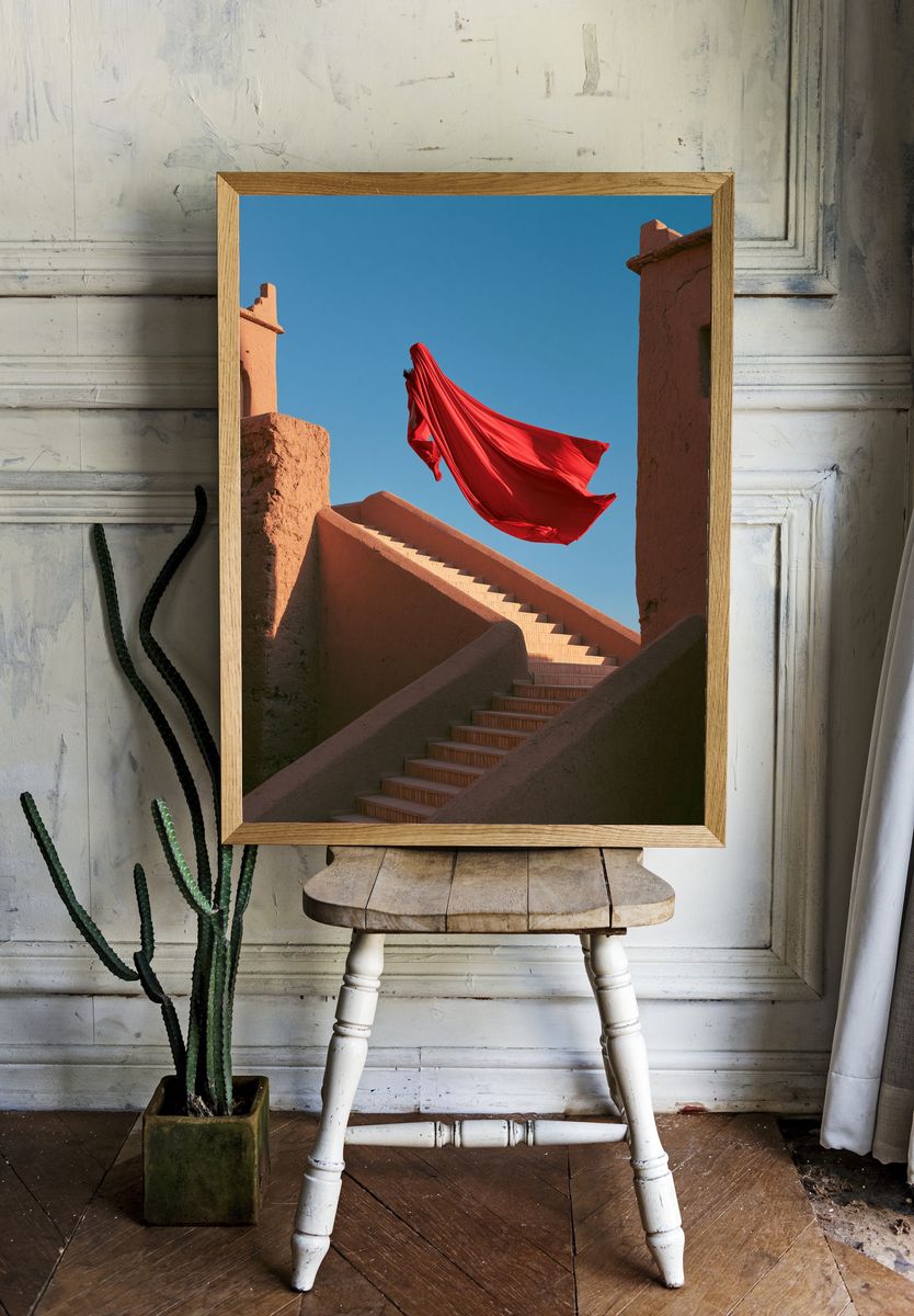 Red Cloak Stairway Photography Poster. — room view 1