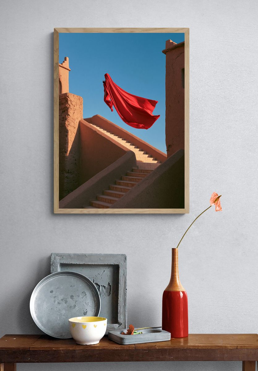 Red Cloak Stairway Photography Poster. — room view 3