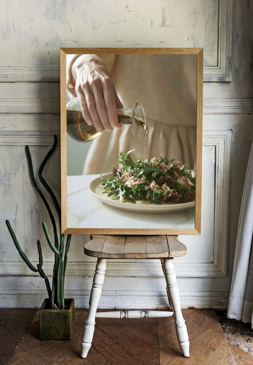 Olive Oil Salad Pour Photography Poster. room preview