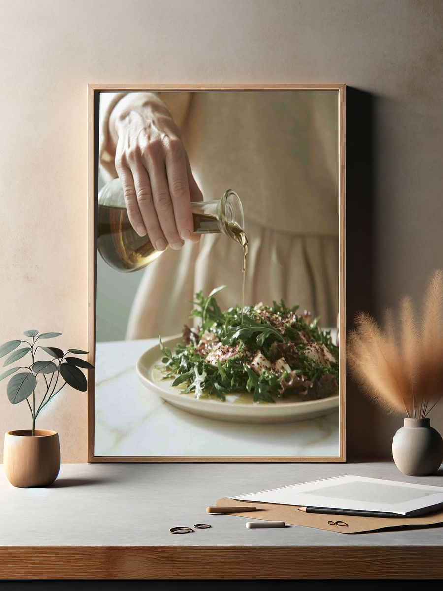 Olive Oil Salad Pour Photography Poster. — room view 2