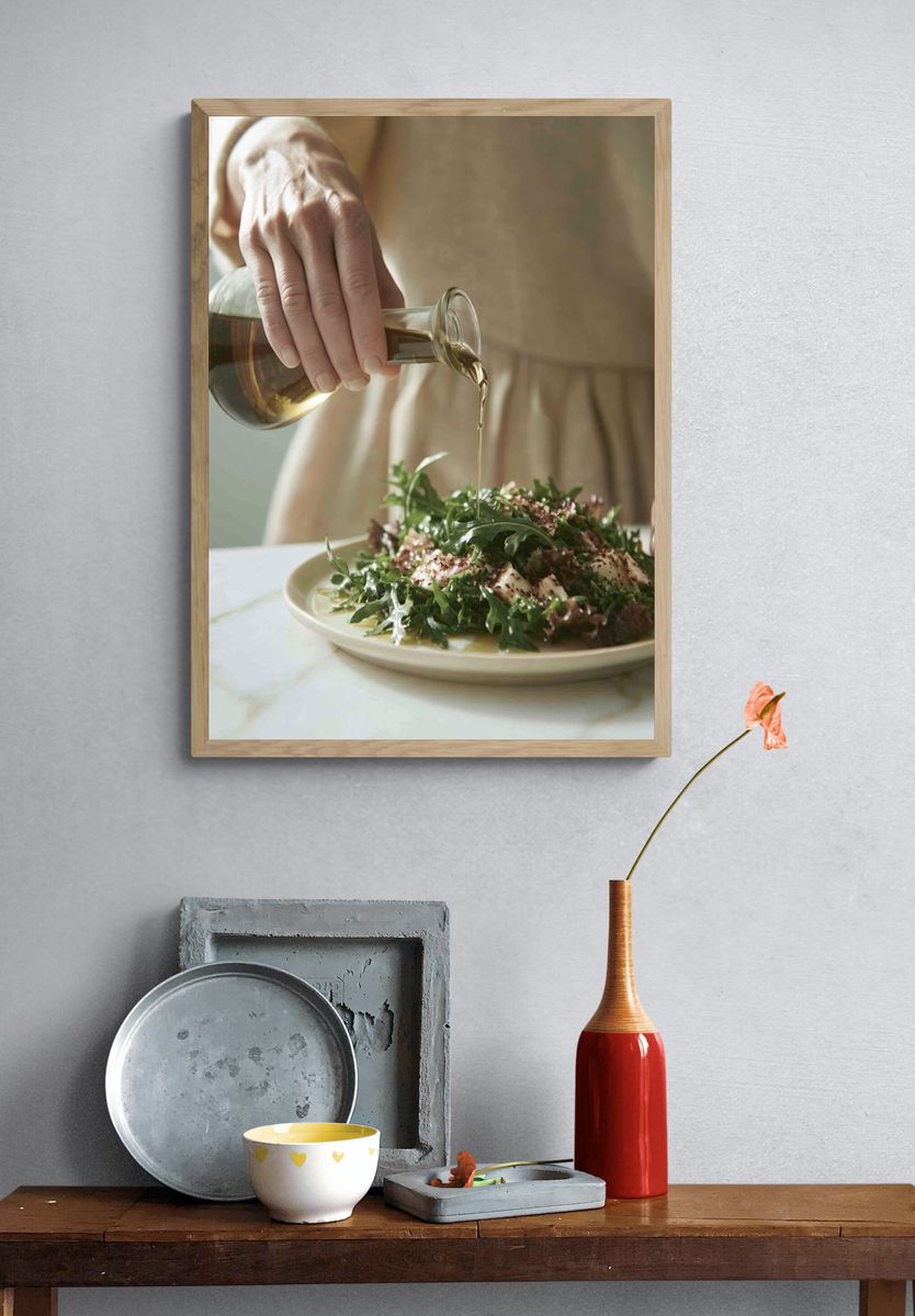 Olive Oil Salad Pour Photography Poster. — room view 3