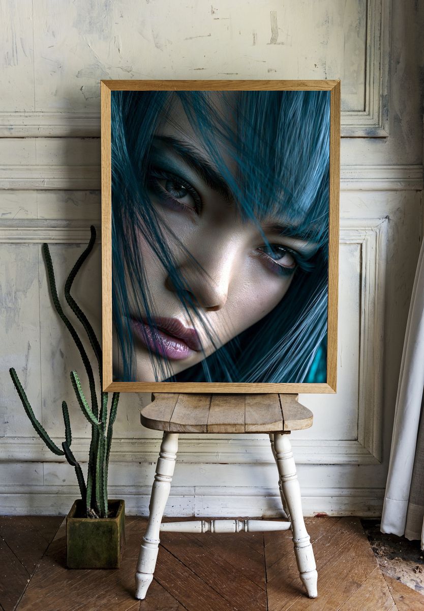 Blue-Haired Portrait Photography Poster. room preview