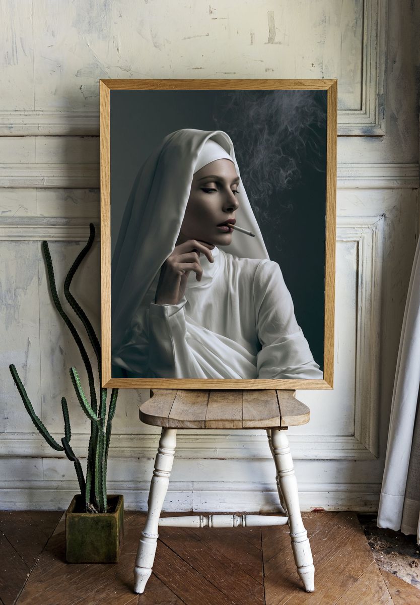Smoky Nun Portrait Print. — room view 1