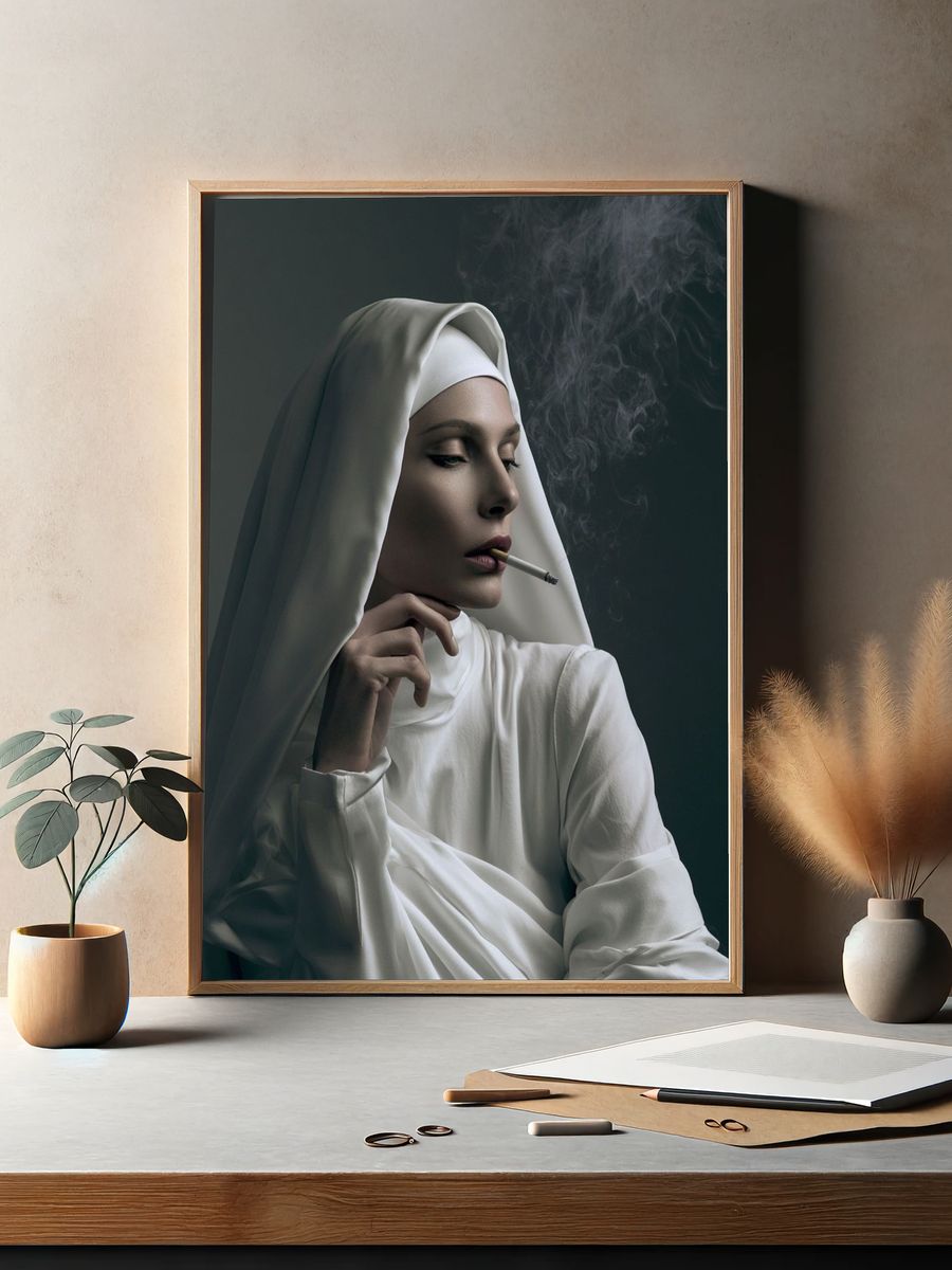 Smoky Nun Portrait Print. — room view 2