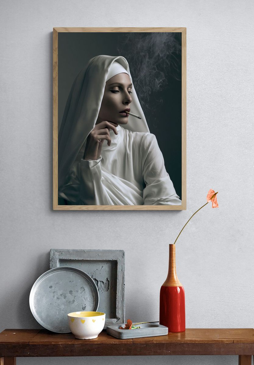 Smoky Nun Portrait Print. — room view 3