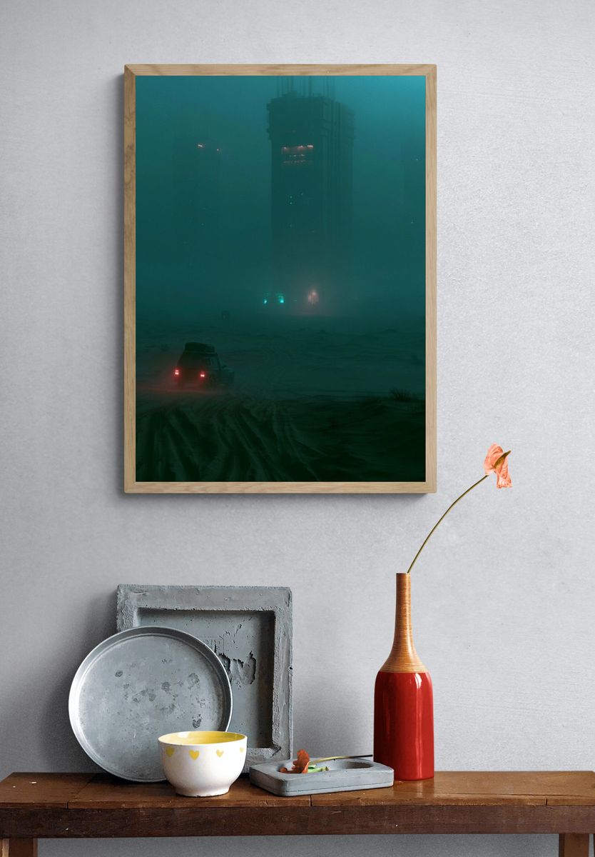 Foggy Neon Cityscape Photography Poster. — room view 3