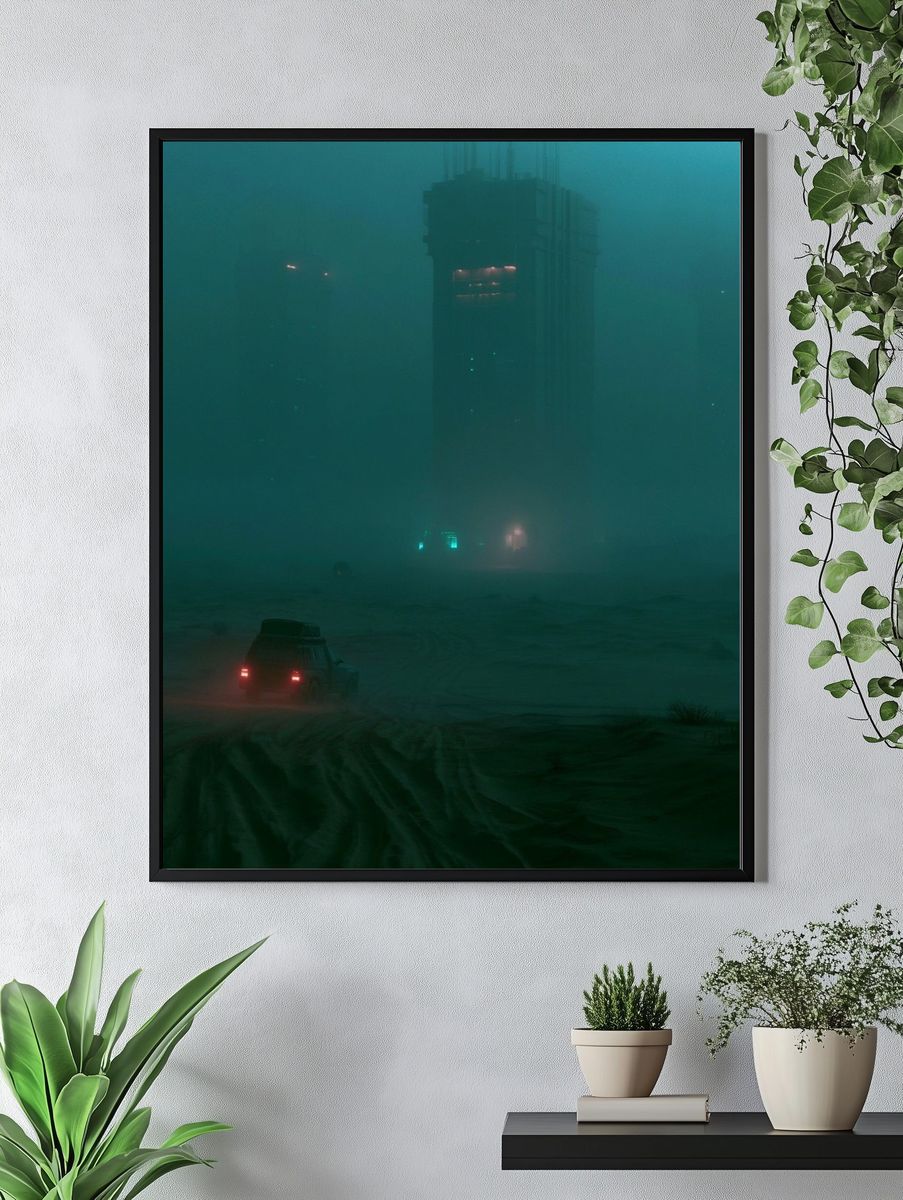 Foggy Neon Cityscape Photography Poster. — room view 4