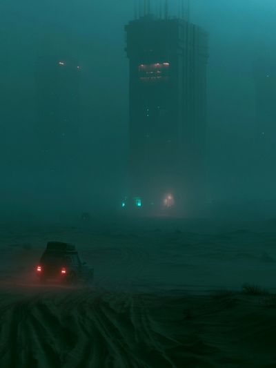 Foggy Neon Cityscape Photography Poster.