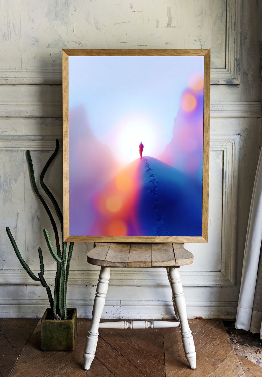 Dreamy Mountain Hiker Photography Poster. room preview