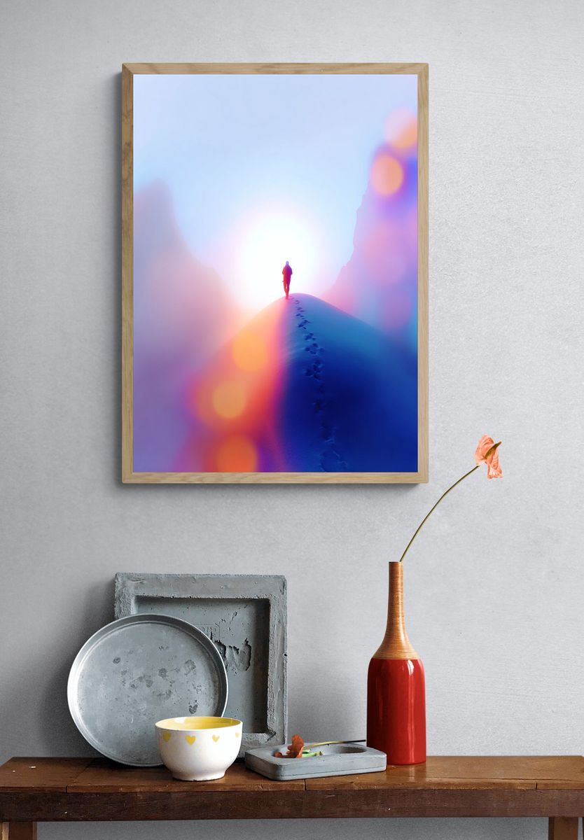 Dreamy Mountain Hiker Photography Poster. — room view 3