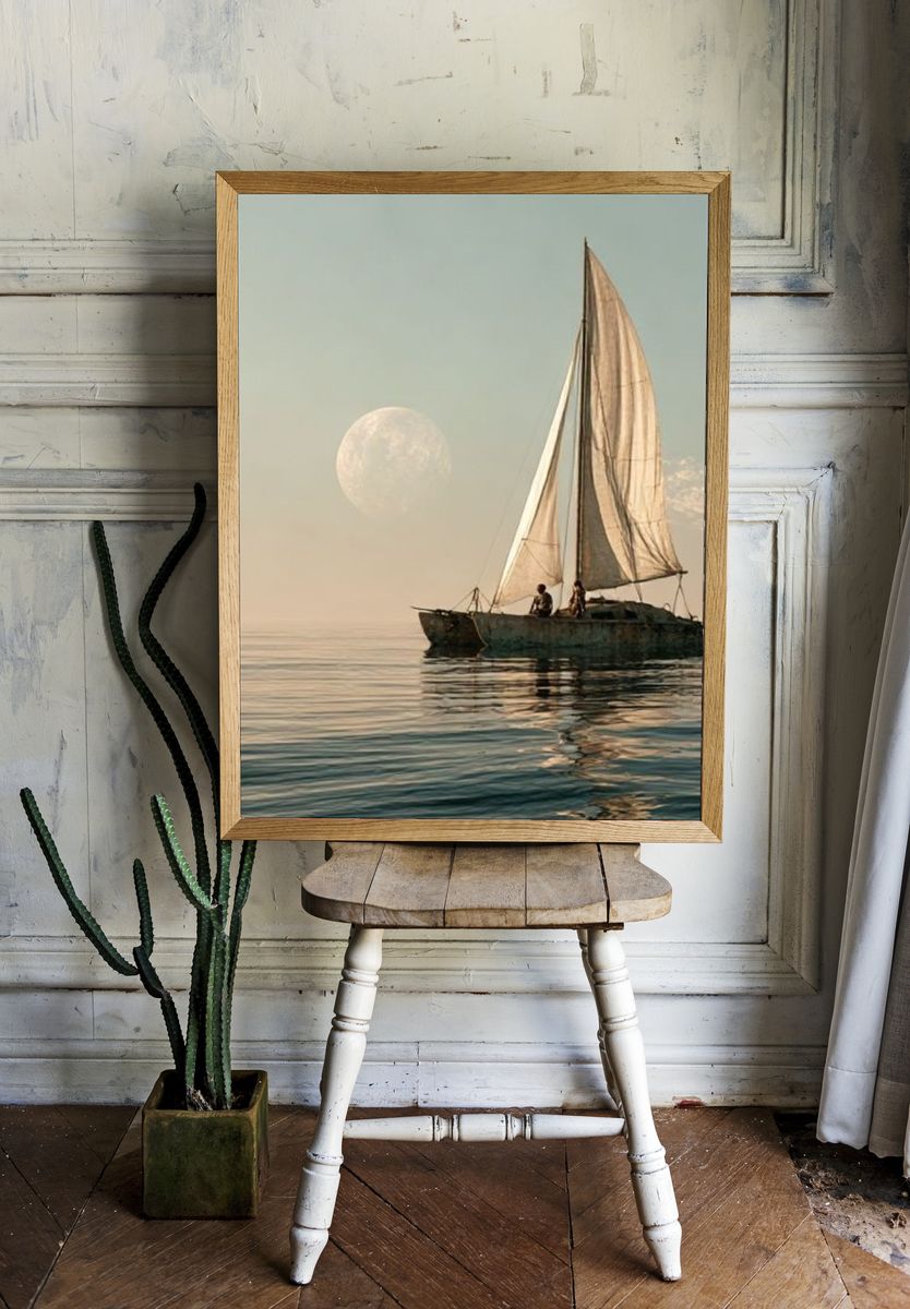 Moonlit Sailboat Photography Poster. room preview