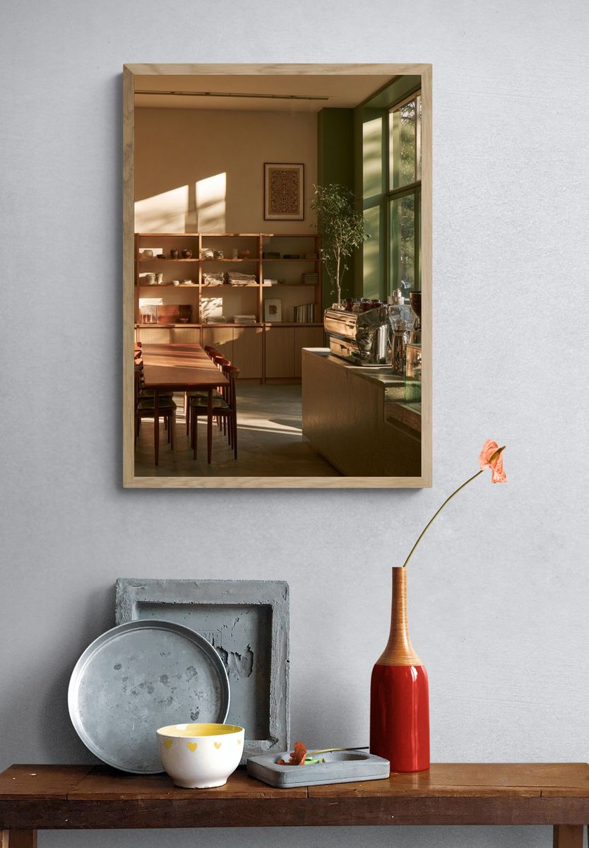 Sunlit Café Interior Photography Poster. — room view 3