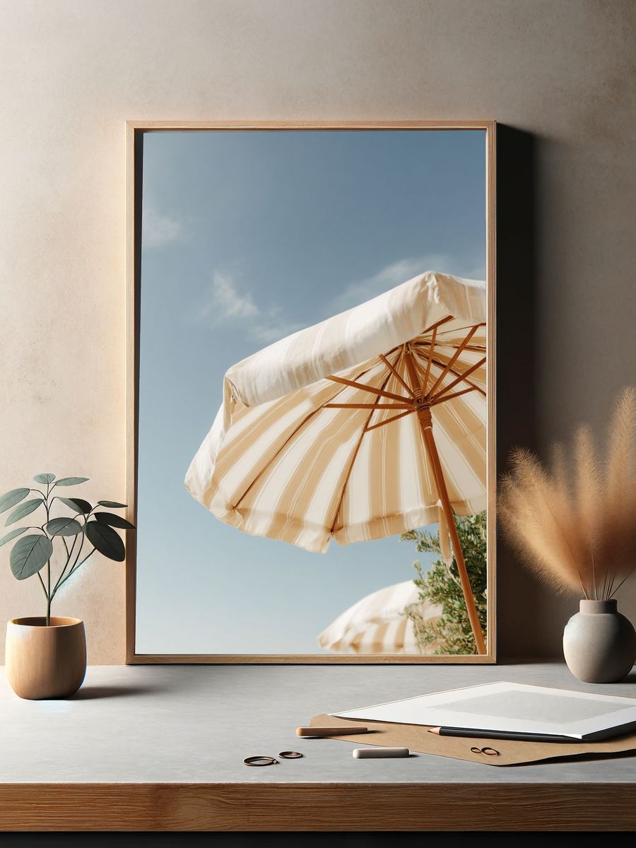 Beach Umbrella Sky Photography Print. — room view 2
